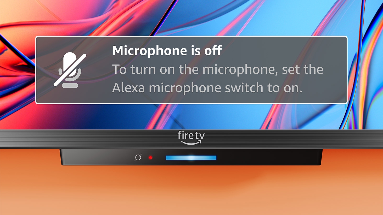 Amazon Fire TV interface showing a notification that reads "Microphone is off. To turn on the microphone, set the Alexa microphone switch to on.