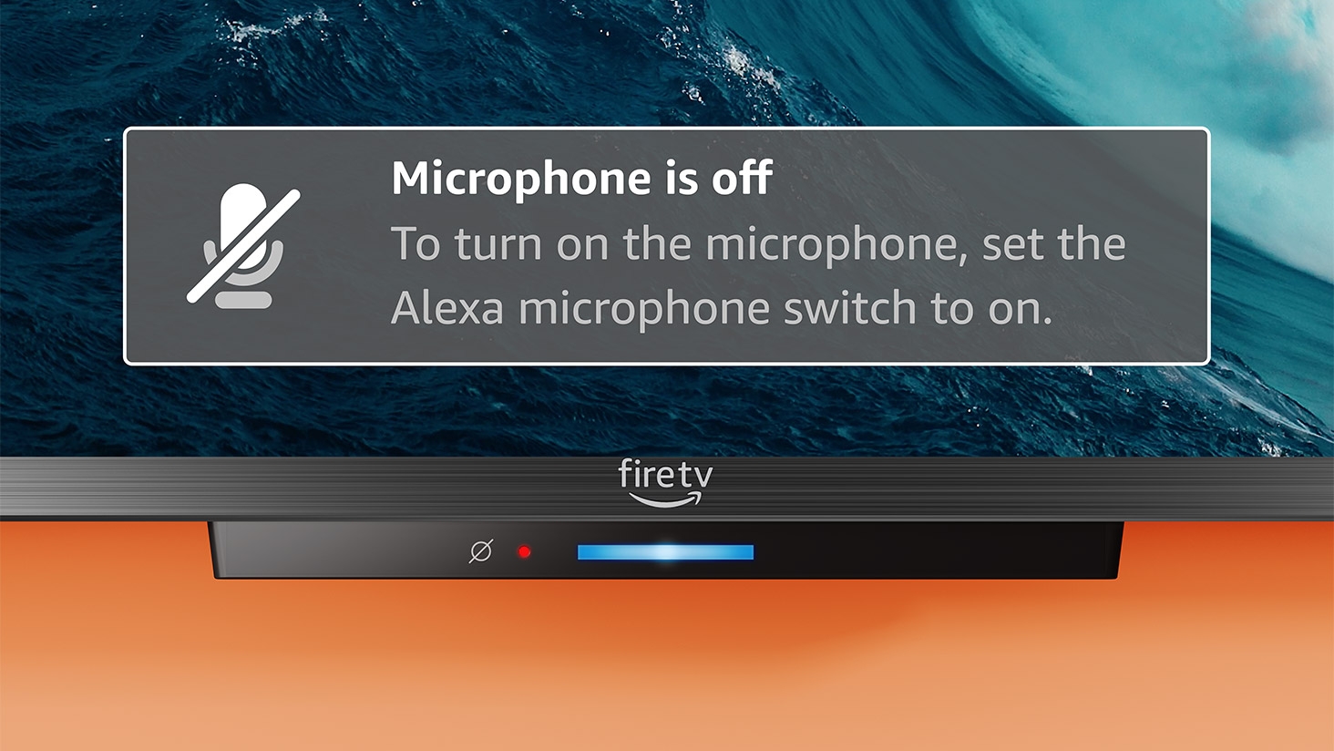 Amazon Fire TV interface showing a notification that reads "Microphone is off. To turn on the microphone, set the Alexa microphone switch to on.