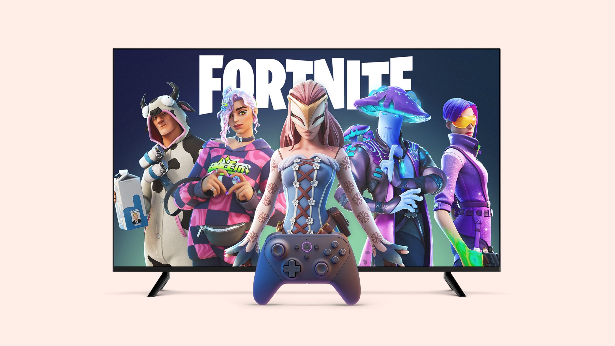Fire TV 4-Series in a pink environment with Fortnite on screen. Amazon Luna sits in front of the TV. 